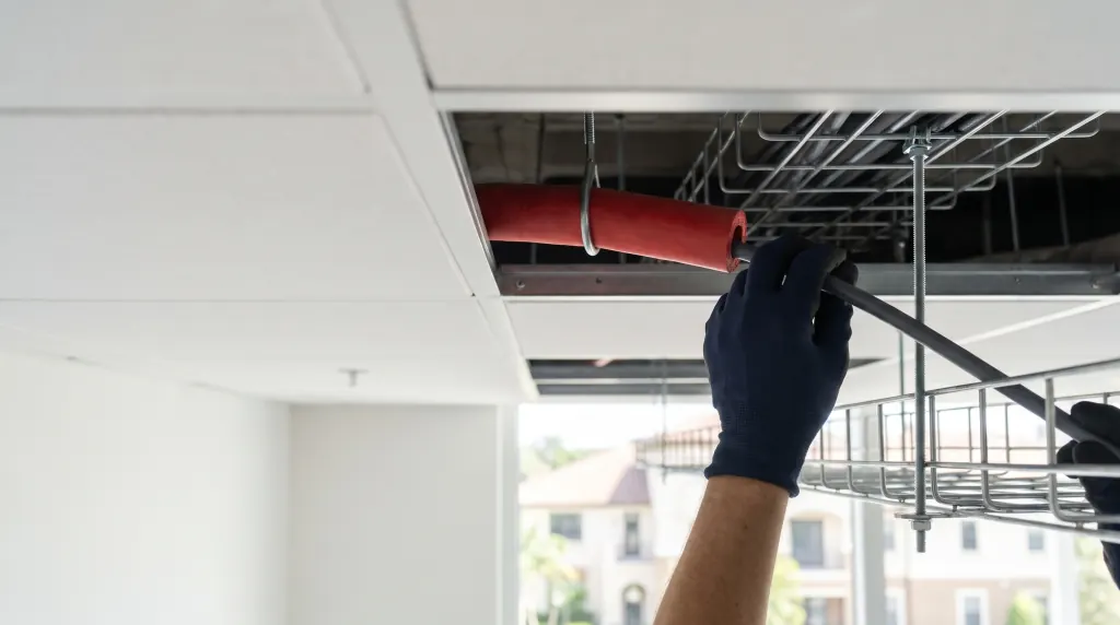 Coaxial cable passing through a fire-rated sleeve above a ceiling.