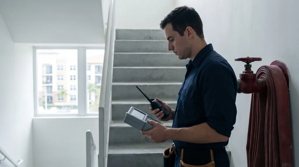 A technician reads a signal meter on a stairwell landing.