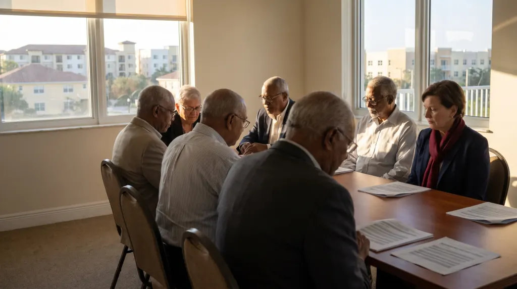 A condo board reads one-page briefs around a meeting table.