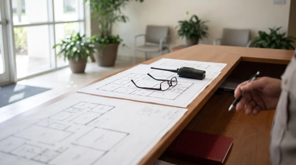 Floor plans on a lobby desk with a two-way radio resting on them.