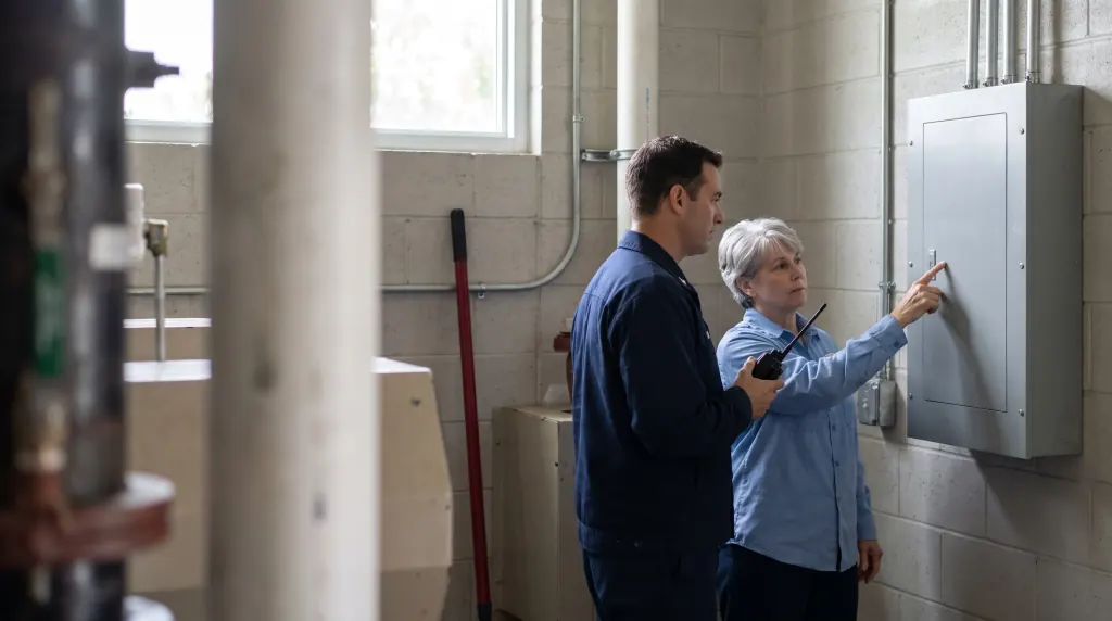 A fire inspector with a radio and a building engineer check an equipment-room panel.