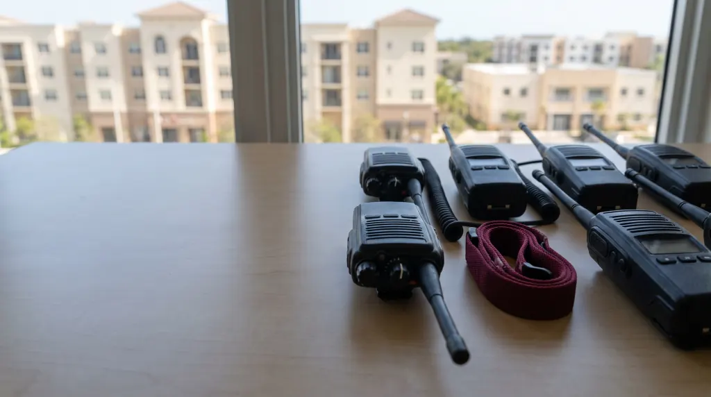 Several portable two-way radios laid out on a table.