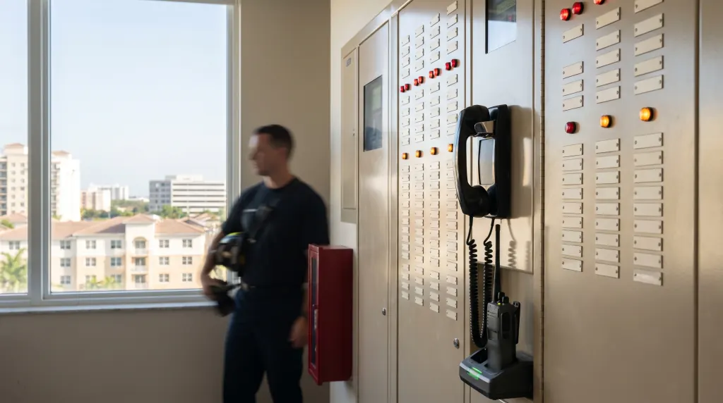 A high-rise fire command room with control panels and a radio dock.