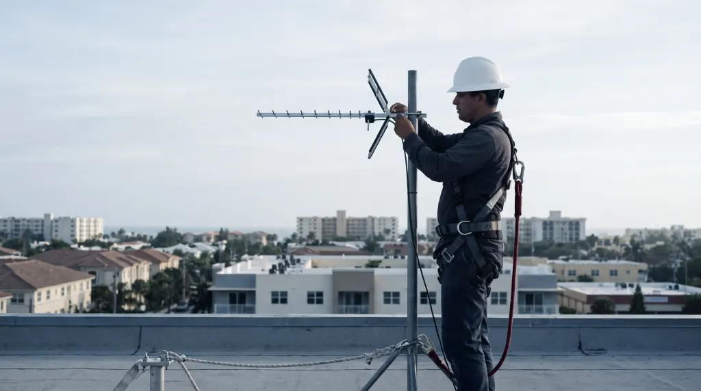 An installer aligns a donor antenna on a rooftop mast.