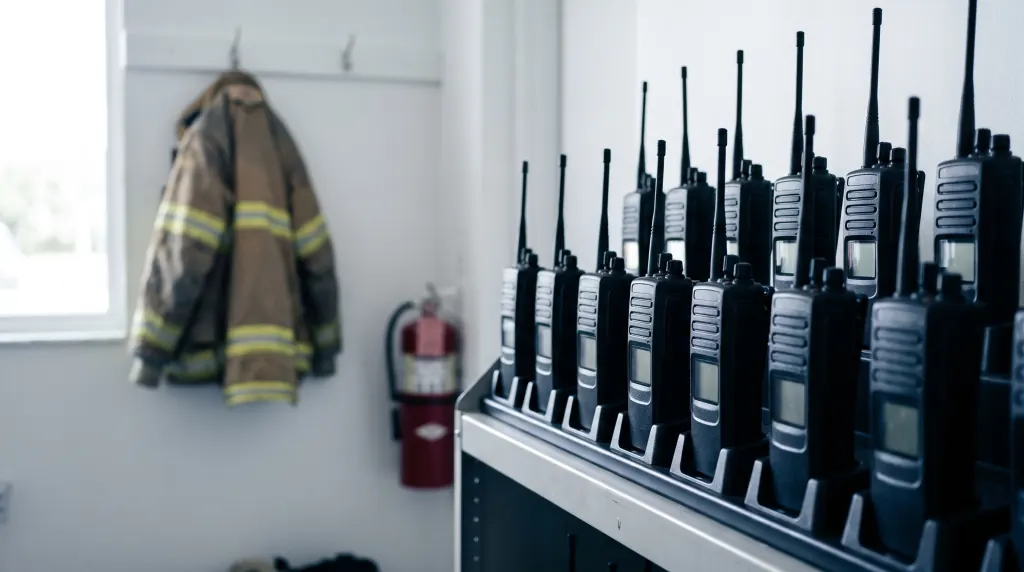 Portable radios charging on a rack in a fire station.