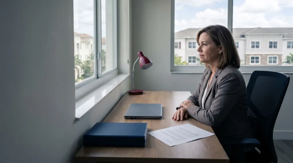 A property manager at her desk with a printed notice and a building binder.