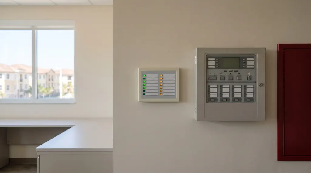 A status panel with indicator lights beside a fire alarm panel.