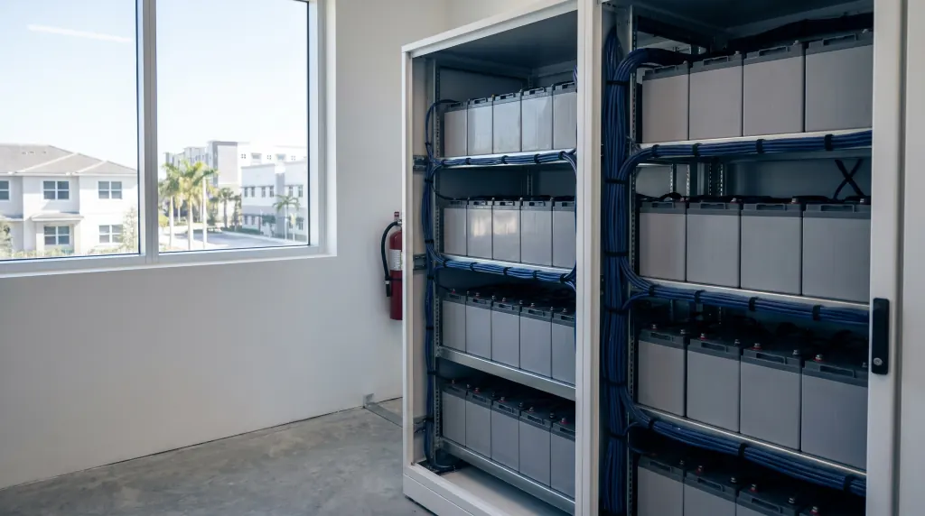 Sealed batteries in an open steel cabinet.