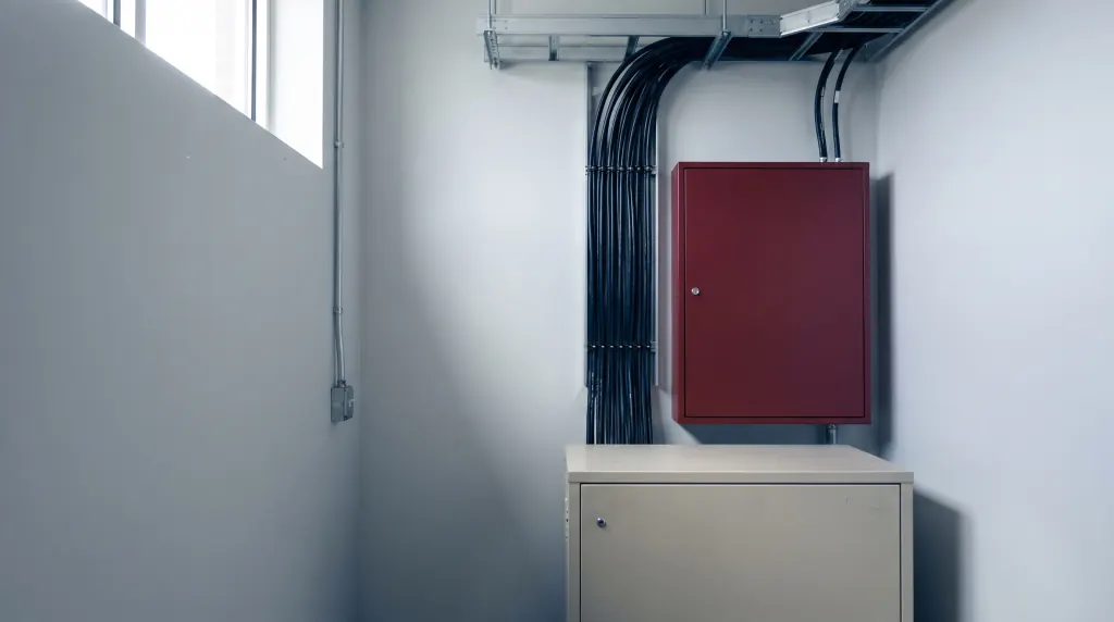 An amplifier enclosure and battery cabinet in an equipment closet.