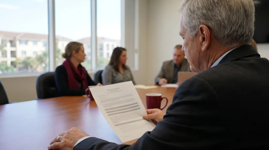 An older board member reads a one-page brief at a meeting.