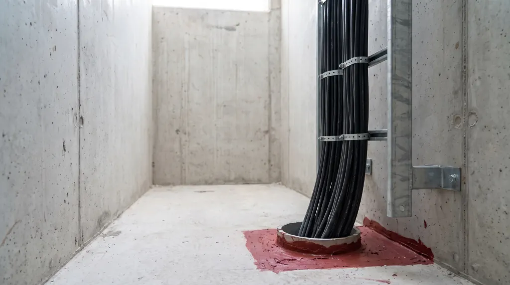 Coax cables on a riser rack pass through a fire-stopped floor sleeve.