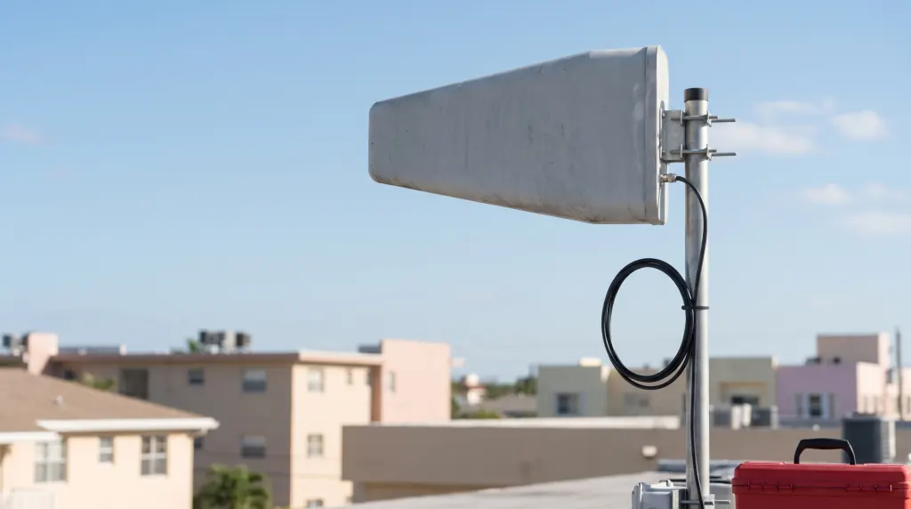 A directional donor antenna on a rooftop mast.