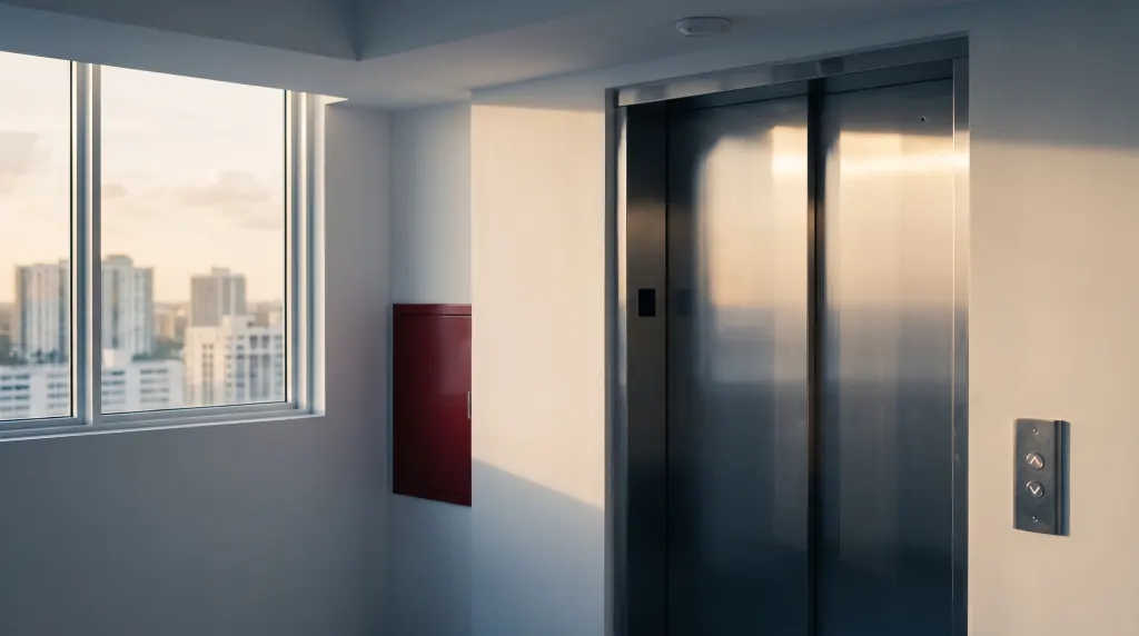 An elevator lobby with a small ceiling antenna above the doors.