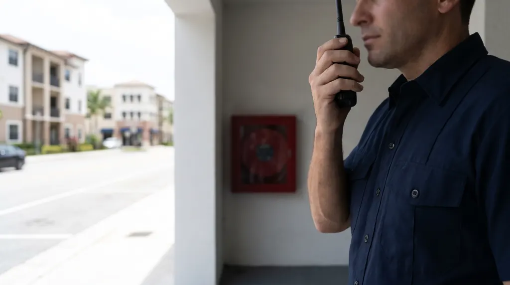 A fire inspector listens to a radio in a building entrance.