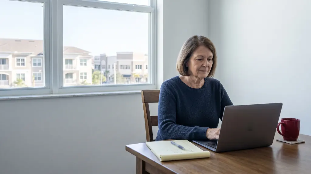 An older condo owner researching on a laptop at her dining table.