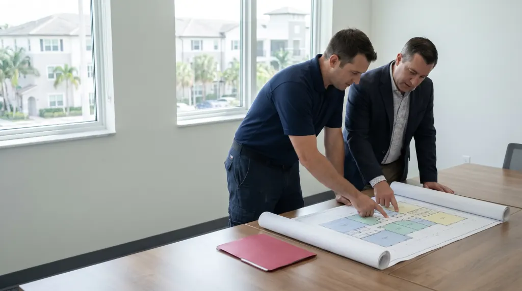 A technician and a manager review a building drawing.