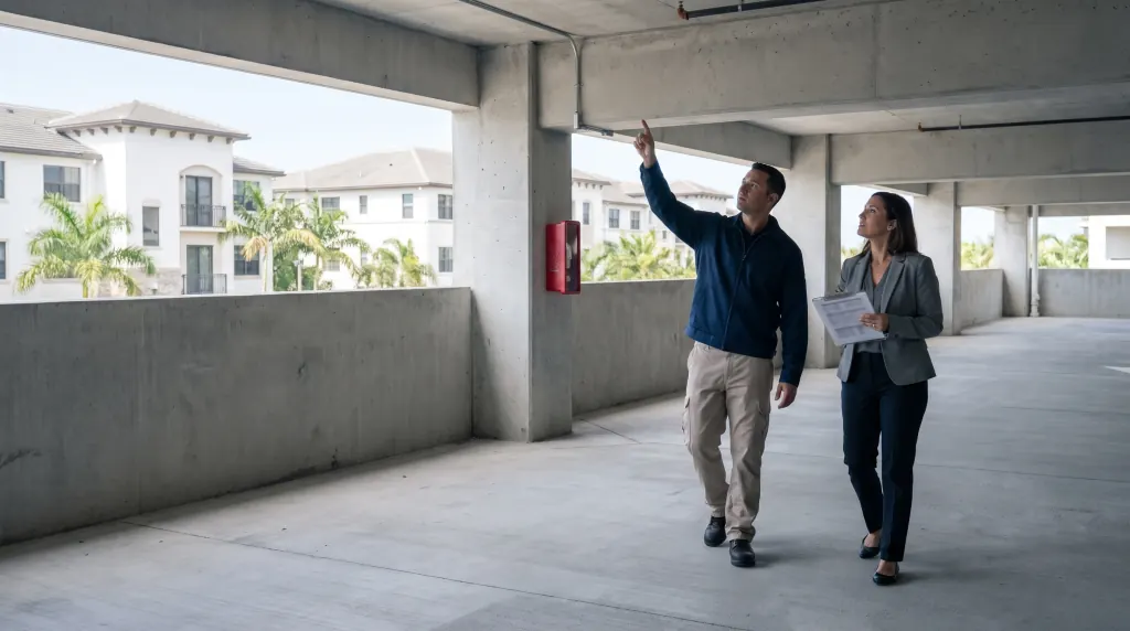 A property manager and a technician walk a parking garage.