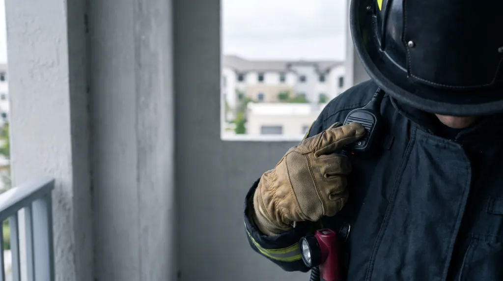 A firefighter keys a shoulder microphone in a stairwell.