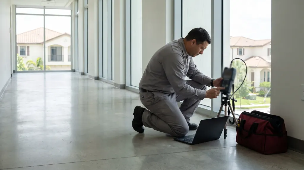 A technician sets up a signal meter in a corridor.