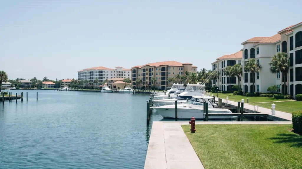 Mid-rise condominiums along a waterway with boats.