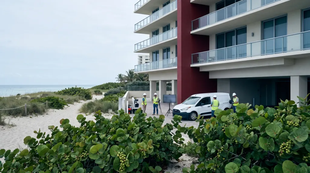 A beachfront residential tower seen from the dunes, a crew working at its base.