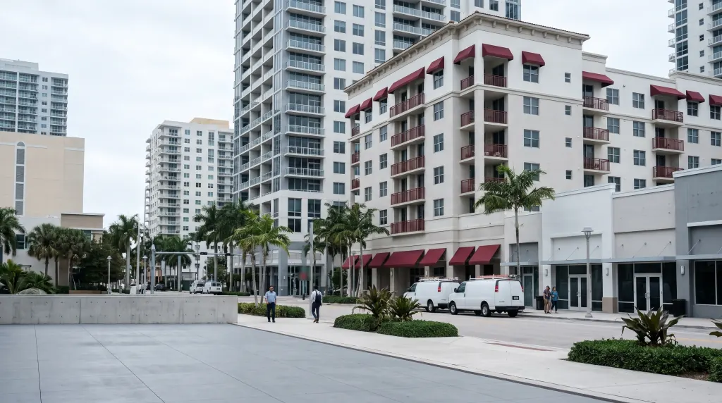 Mid-rise and high-rise buildings from street level.