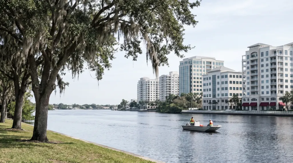 Mid-rise buildings across a wide river with live oaks.