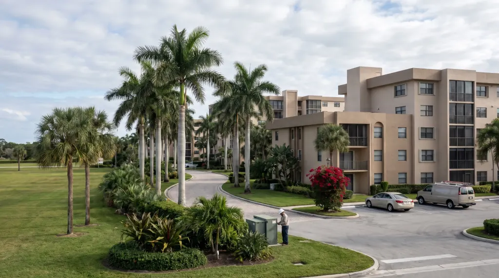 Mid-rise condominiums behind royal palms.