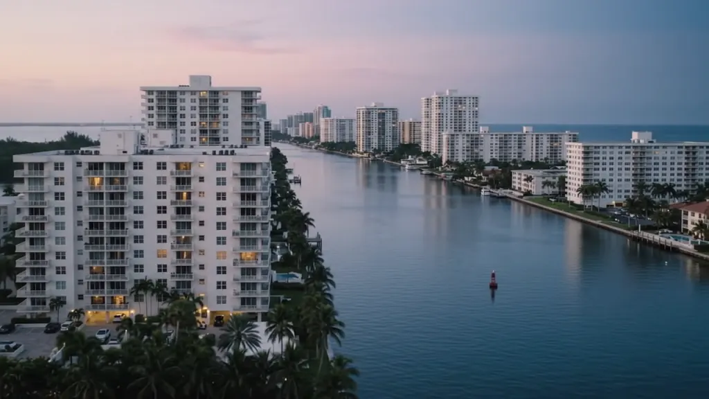 Florida waterfront condominium towers at dusk with lights coming on.