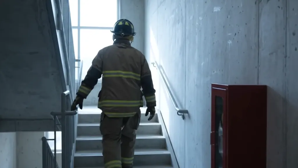 A firefighter in turnout gear climbs a concrete stairwell toward a window.